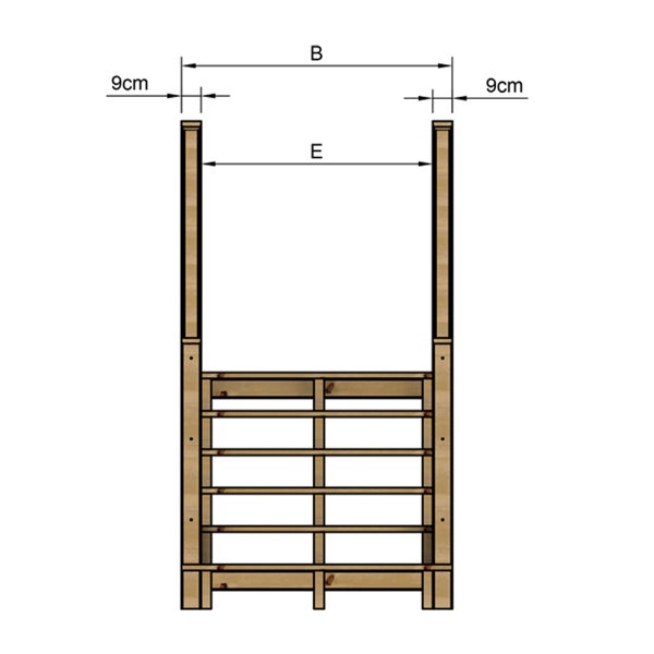 Technische Zeichnung eines Holzregals mit Maßangaben