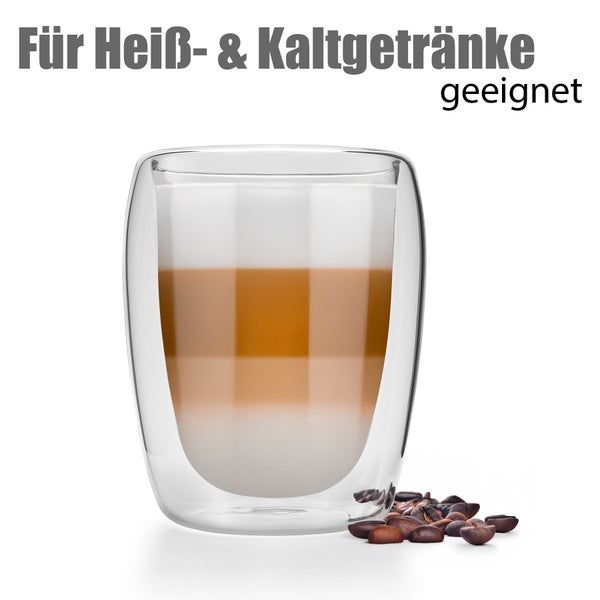 Doppelwandiges Glas geeignet für Heiß- und Kaltgetränke mit Kaffeebohnen.
