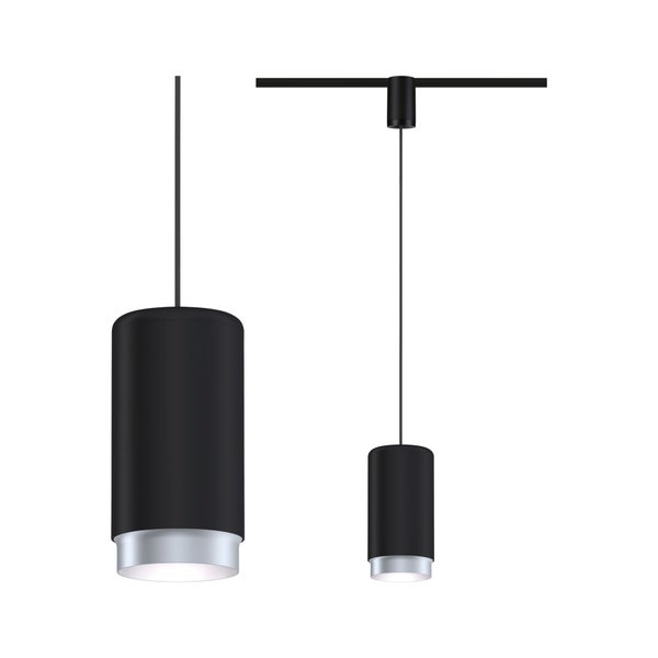 Zylindrische LED Pendelleuchte für Schienensystem in modernem Design mit Metallgehäuse.