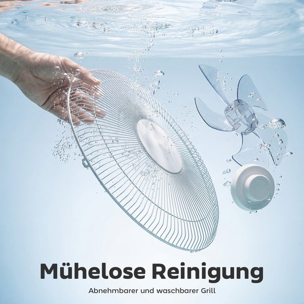 Reinigung eines Ventilators durch Abwaschen des abnehmbaren Schutzgitters und des Rotorblatts im Wasser.