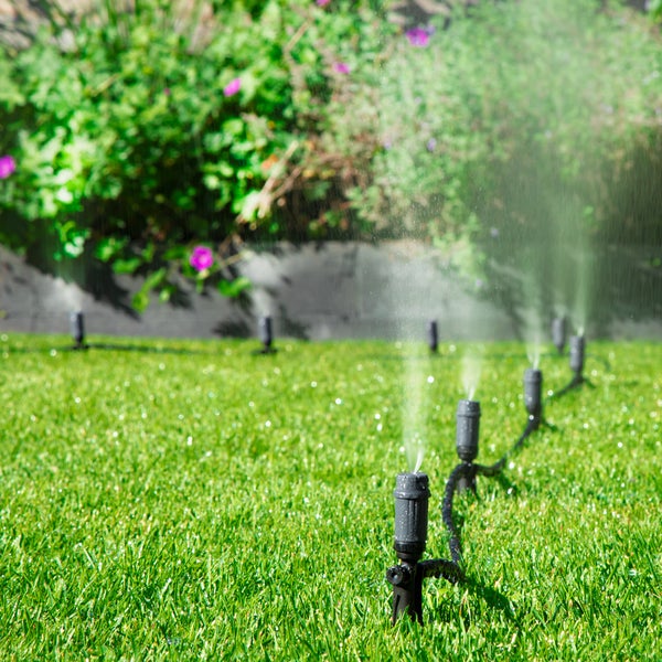 Gartenbewässerungssystem mit Sprühdüsen auf einer Rasenfläche in einer hellen Gartenanlage.