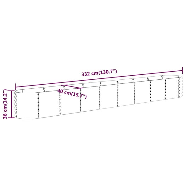 Hochbeet mit den Maßen 332 Zentimeter Länge, 40 Zentimeter Breite und 36 Zentimeter Höhe.