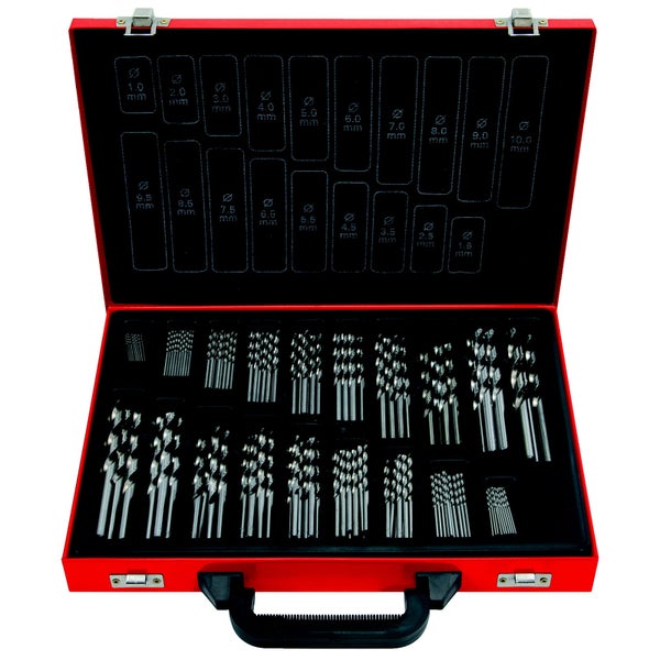 Metallbohrer Set in rotem Metallkoffer mit Größenangaben