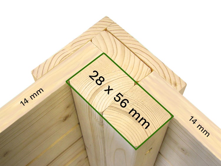 Eckverbindung für Gartenhaus aus Holz mit Maßen: Wandstärke 14 Millimeter und Eckpfosten 28 mal 56 Millimeter.