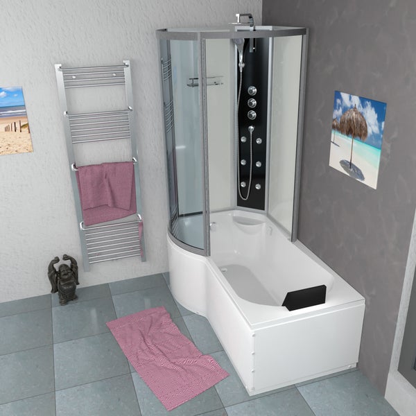 Innenansicht einer Duschkabine mit Massagedüsen, Handbrause, Armaturen und einer Glasablage.