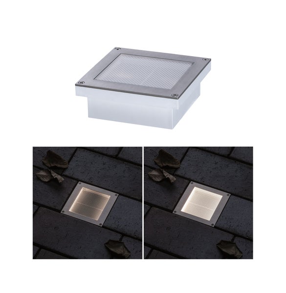Quadratische LED Bodeneinbauleuchte aus Edelstahl mit Diffusor fuer den Aussenbereich zur Beleuchtung von Wegen und Terrassen.