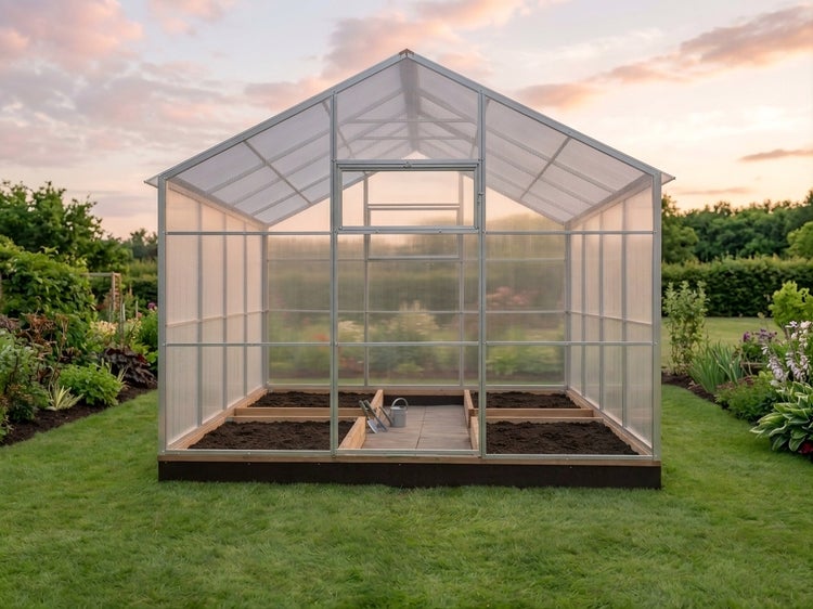 Freistehendes Gewächshaus mit Hohlkammerplatten in einem Garten bei Sonnenuntergang mit vorbereiteten Hochbeeten.
