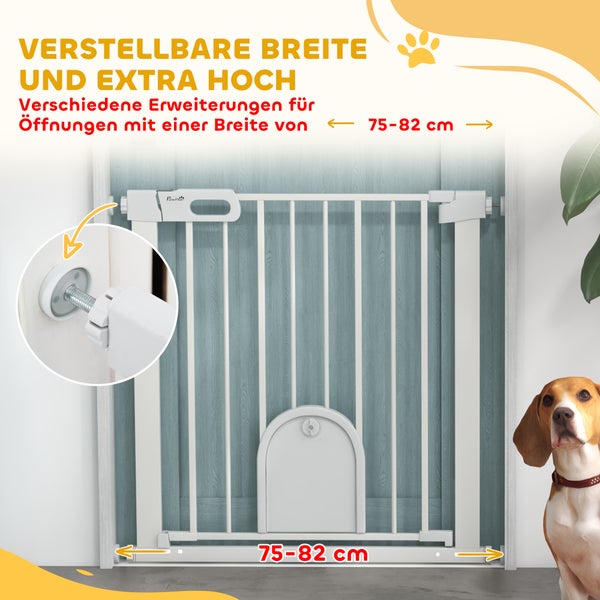 PawHut Hundeschutzgitter, extra hoch, verstellbare Breite von 75 bis 82 Zentimeter, mit Kleintiertür und Druckmontage.