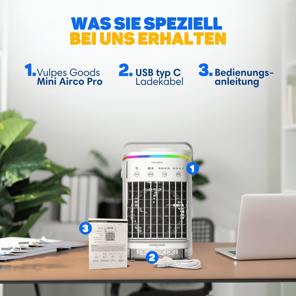 Vulpes Goods Mini-Klimaanlage -  Mobile Klimaanlage - Luftkühler - 4 Windgeschwindigkeiten - 2 Luftbefeuchtungsmodi - Timer