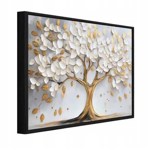 Wandbild mit Motiv eines Baumes mit strukturierten Blättern und goldenen Akzenten in einem schwarzen Rahmen.