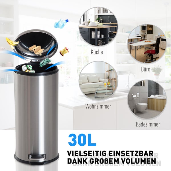 HOMCOM Mülleimer, Ø29,2 x H62,9 cm, Edelstahl, Silber