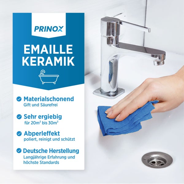 PRINOX® 150ml Reinigungs und Polierpaste für Emaille, Keramik, Porzellan, Glaskeramik, Mineralguss - Professionelle Badpflege zu Reinigung und Pflege von Armaturen - Ceranfeld Reiniger