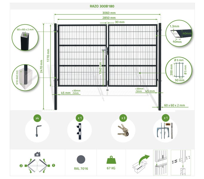 RAZO Gartentür   Mesh-Schwingtorpaket Breite 306  x Höhe 183 cm + 1 m GRAUES Tor
