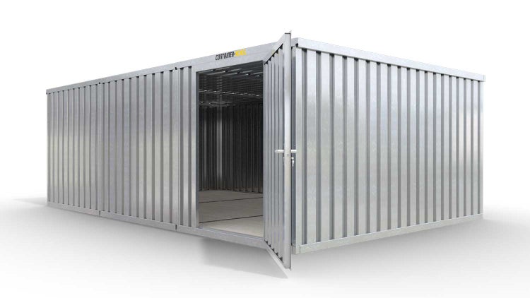 Lagercontainer Gerätehaus L3  – 25 qm, H2150 x B4050 x T6520 mm, verzinkt, mit Holzfußboden, 1270 mm Einflügeltür mittig in Modul D, zerlegt