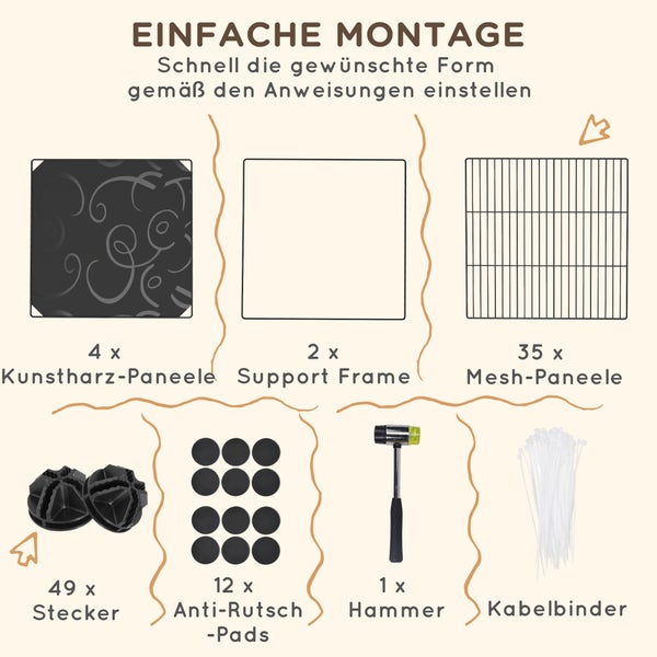 PawHut Kleintiergehege Kleintierkäfig mit 39 Platten Freigehege mit Rampe DIY Gittergehege Metall Kleintiere öffenbar Schwarz 140 x 70 x 105 cm