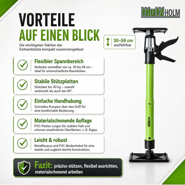 Infografik der Trutzholm Einhandstütze mit Produktmerkmalen zur Stützfunktion, Belastbarkeit und Handhabung für Höhen von 30 bis 59 Zentimetern.