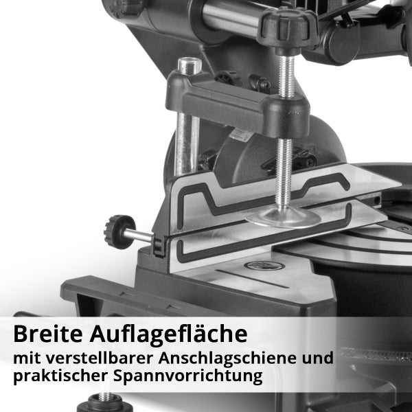 Gehrungssäge mit breiter Auflagefläche, verstellbarer Anschlagschiene und Spannvorrichtung