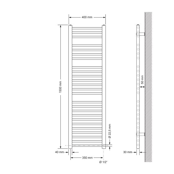 ECD Germany Badheizkörper Elektrisch mit Heizstab 1200W Große Leistung - 400 x 1500 mm - Chrom - gerade mit Seitenanschluss - Heizkörper Handtuchwärmer Handtuchtrockner