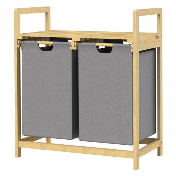 ML-Design Wäschekorb aus Bambus, Grau, Wäschebox mit 2 Fächern, Wäschesammler mit 2 ausziehbaren Wäschesäcken 60 L, Wäschetruhe mit Ablage, Wäschesortierer für Badezimmer, Wäschetonne mit Regal