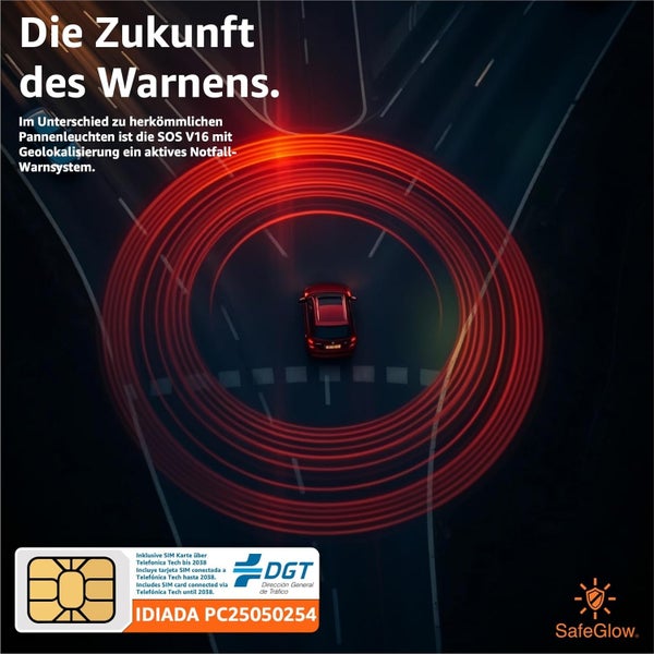 SOS V16 Notfall-Warnsystem mit Geolokalisierung und DGT Logo