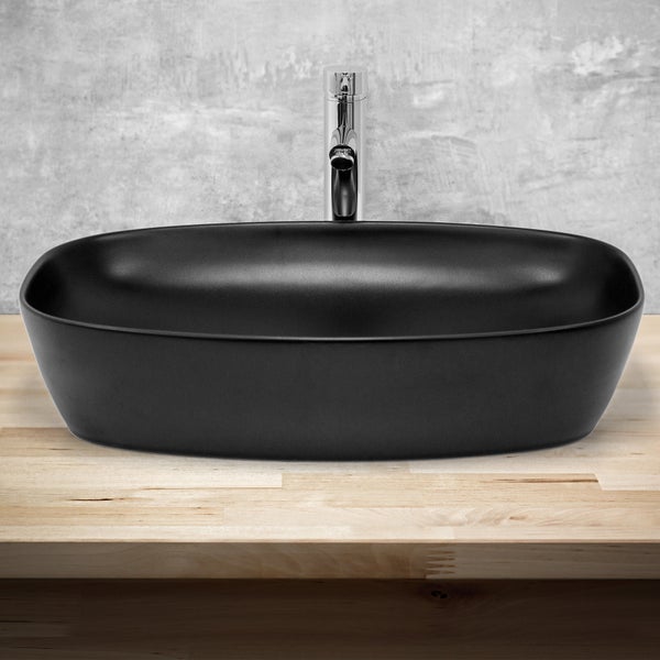ML-Design Waschbecken aus Keramik Schwarz 605x385x140 mm, Abgerundeten Ecken, Aufsatzwaschbecken, Moderne Waschtisch, Waschschale mit Abflussloch, Waschplatz Handwaschbecken, für Badezimmer/Gäste-WC