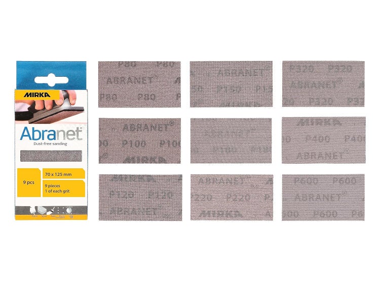 Mirka Abranet Netzschleifstreifen 70mm x 125mm Klett / Mix-Pack 1 von jeder Körnung 80, 100, 120, 150, 180, 220, 320, 400, 600 /  9 Stk / zum Schleifen von Holz, Spachtel, Lack, Kunststoff