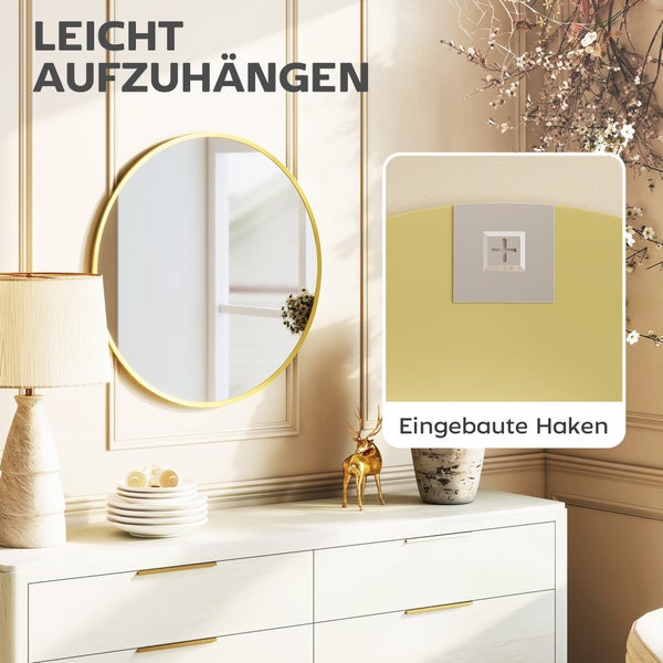 Runder Wandspiegel mit goldenem Rahmen über einer Kommode sowie Detailansicht der rückseitigen integrierten Aufhängung.