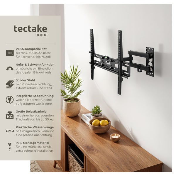 Tectake Home TV Wandhalterung aus Stahl, geeignet für Fernseher bis 75 Zoll