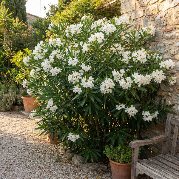 Oleander mit weißen Blüten in einem Garten an einer Natursteinmauer neben einer Holzbank.