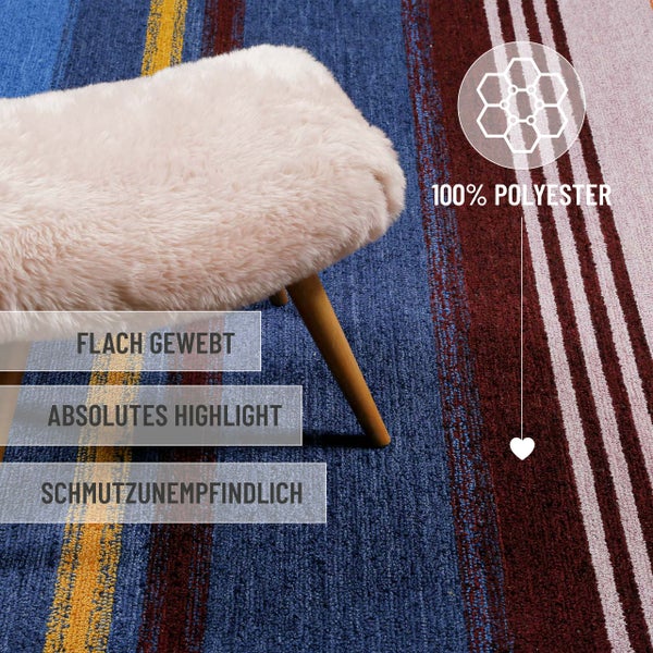 Flachgewebter Teppich aus einhundert Prozent Polyester, schmutzunempfindlich, mit einem weichen Hocker auf der Oberfläche.