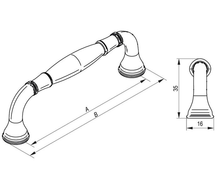 Technische Zeichnung eines Möbelgriffs mit Maßangaben.