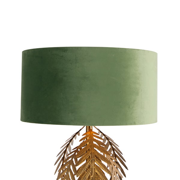 Tischleuchte mit grünem Schirm und goldenem Fuß in Blattform