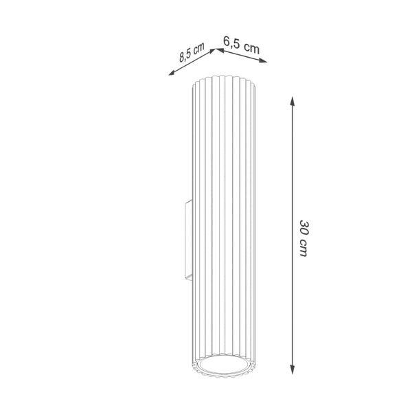 Technische Zeichnung einer Wandleuchte mit den Maßen 30 cm Höhe, 8,5 cm Breite und 6,5 cm Tiefe.
