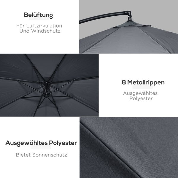 Outsunny 360° Drehbarer Ampelschirm, Sonnenschirm mit Handkurbel und Moskitonetz, für 8 Personen, 295 x 295cm, Stahl, Polyester, Dunkelgrau