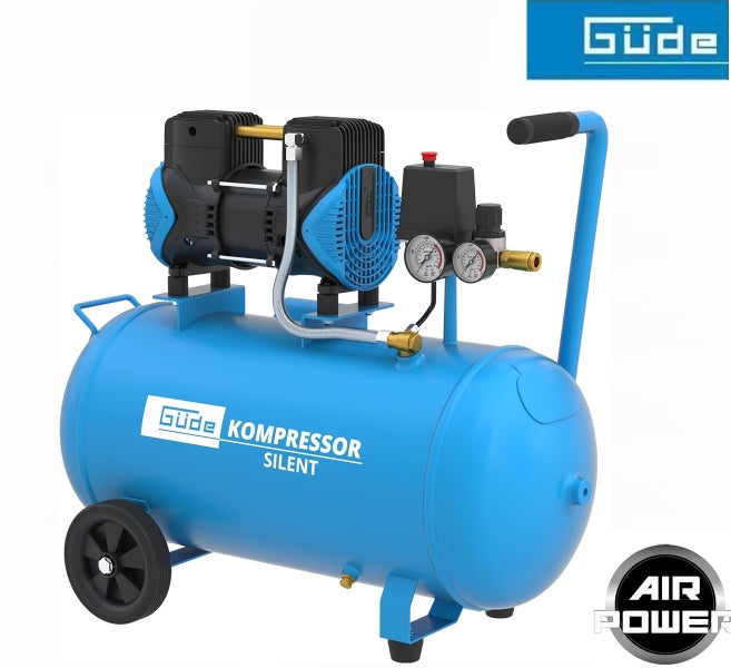 Güde Kompressor Silent mit Druckbehälter, zwei Manometern und Transportgriff. Güde Logo.