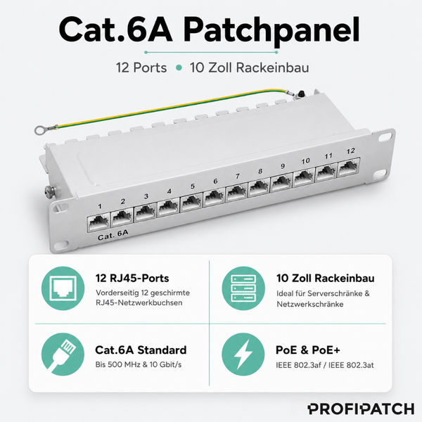 Profipatch Cat.6A Patchpanel mit 12 RJ45-Ports für 10 Zoll Rackeinbau, geeignet für PoE und PoE plus.