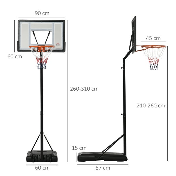 Maße der Basketballanlage: Backboard 90 mal 60 Zentimeter, Gesamthöhe 260 bis 310 Zentimeter, Korbhöhe 210 bis 260 Zentimeter.