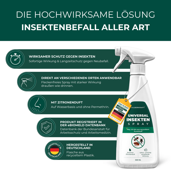 Silberkraft Universal Insektenspray 500 ml, Effektives Repellent gegen Insekten, Zuverlässige Bekämpfung von Fliegen, Mücken, Flöhe, Ameisen und mehr