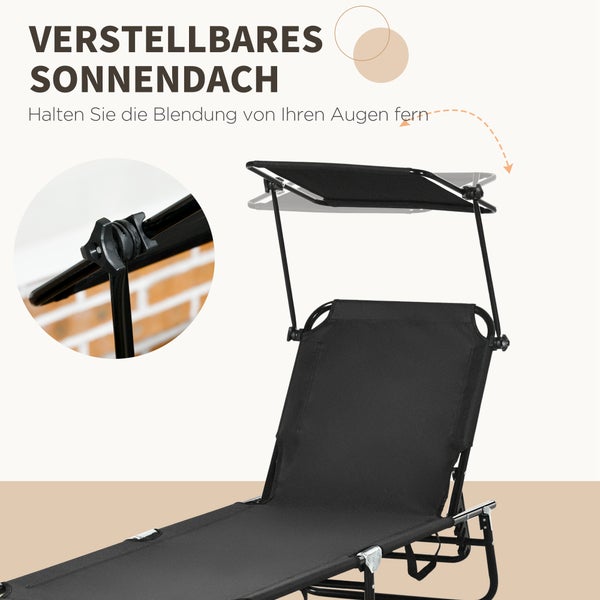 Schwarze Gartenliege mit verstellbarem Sonnendach und Detailansicht des Verstellmechanismus.