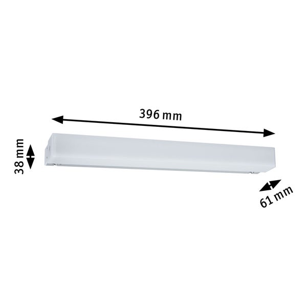 Weiße LED-Leuchte mit den Maßen 396 Millimeter Länge, 38 Millimeter Höhe und 61 Millimeter Tiefe.