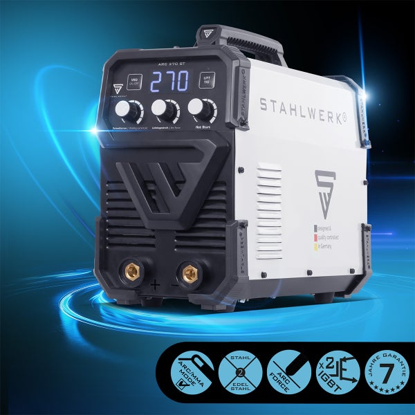 STAHLWERK ARC 270 ST Schweißgerät mit Arc Force Funktion, 7 Jahre Garantie und Logos.
