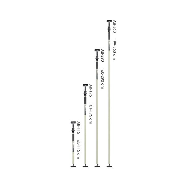 Stützstangen in verschiedenen Größen: AB-360 (199 bis 360 cm), AB-290 (160 bis 290 cm), AB-175 (101 bis 175 cm), AB-115 (65 bis 115 cm)