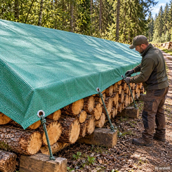 Ein Arbeiter befestigt eine Gewebeplane mit Ösen an einem aufgestapelten Holzstapel im Wald.