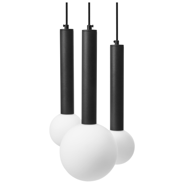 Drei Pendelleuchten mit zylindrischem Schirm und kugelförmigem Diffusor