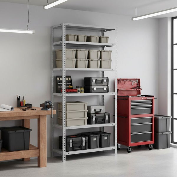 Organisierte Werkstatt mit hohem Metallregal voller Lagerboxen, einer hölzernen Werkbank und einem roten Werkzeugwagen.