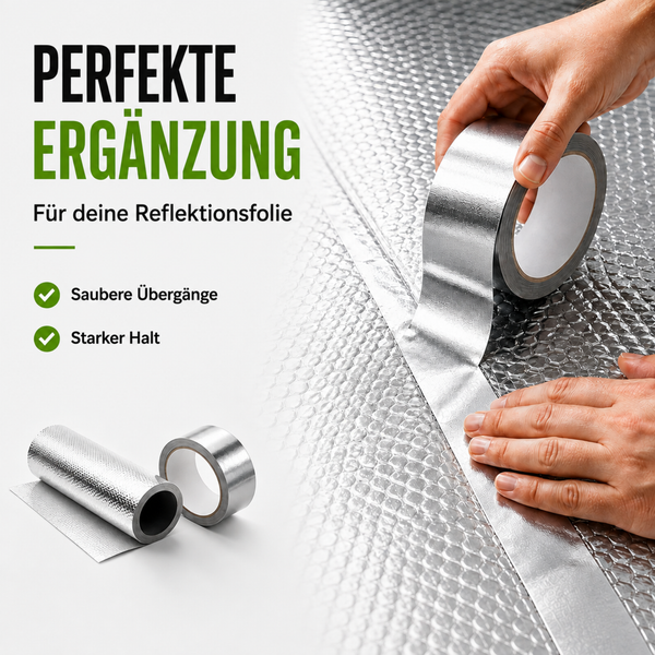 Aluminiumklebeband für Reflektionsfolie zur Erzielung sauberer Übergänge und starken Halts bei der Wärmedämmung.