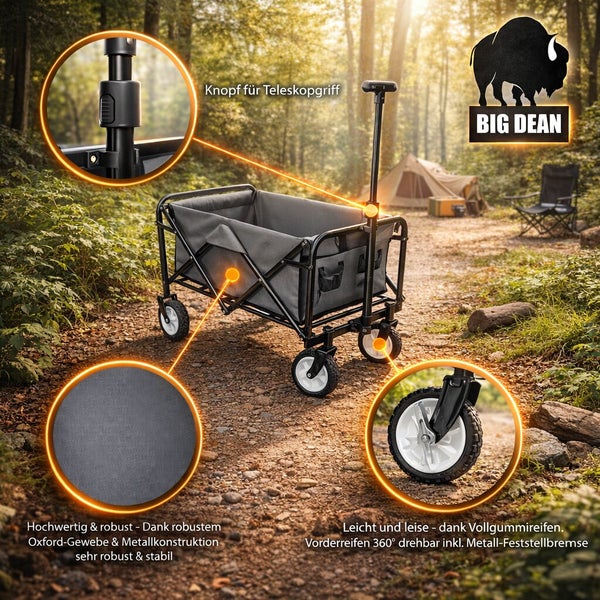 Zusammenklappbarer Bollerwagen von Big Dean mit Teleskopgriff, Metallrahmen, Oxford Gewebe und um 360 Grad drehbaren Rädern mit Feststellbremse.