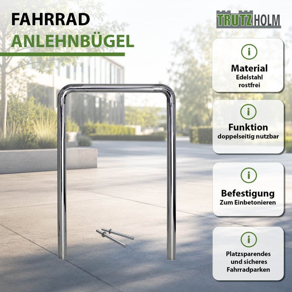 Trutzholm Fahrrad Anlehnbügel aus rostfreiem Edelstahl zum Einbetonieren für beidseitiges Abstellen von Fahrrädern im Außenbereich.
