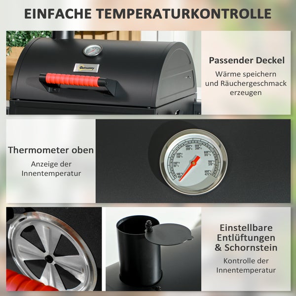 Outsunny Holzkohlgrill, Tischgrill mit Grillrost, Deckel für Picknick, Verzinkter Stahl, Schwarz, 68,5 x 50 x 54 cm