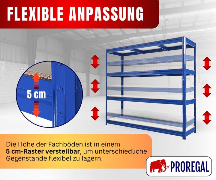 Schwerlastregal aus Metall mit Holzböden, im 5-Zentimeter-Raster höhenverstellbar für flexible Lagerung. ProRegal Logo.